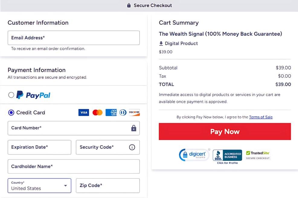 Encrypted and secure checkout process for The Wealth Signal
